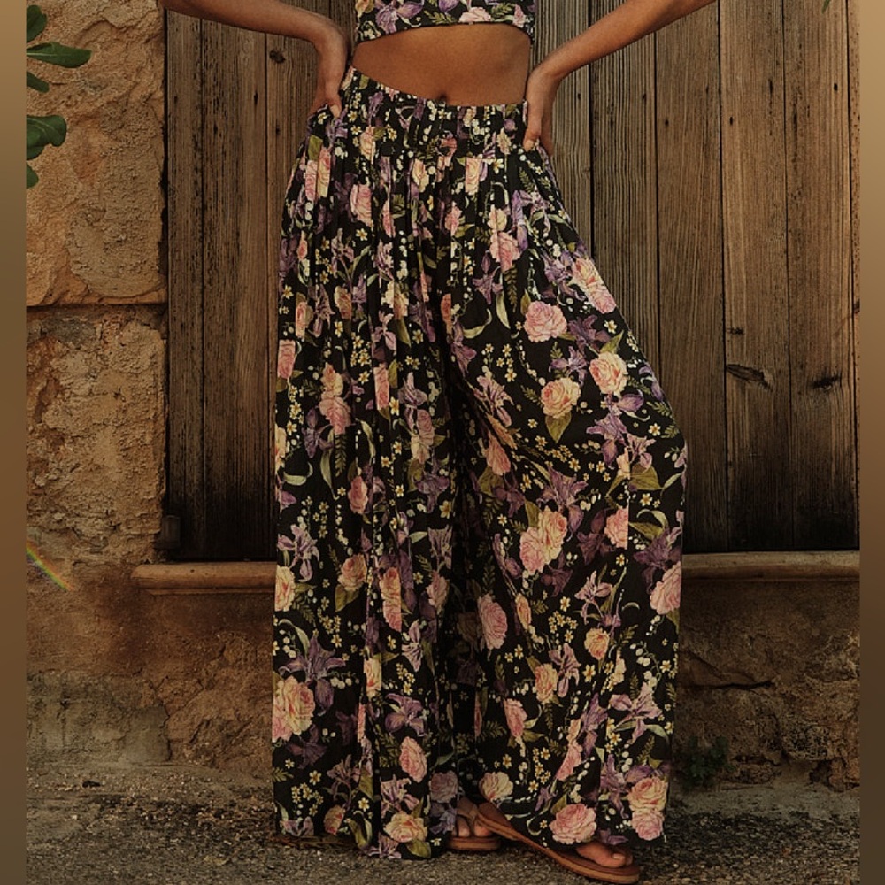 Agua Bendita NWT Black Purple Multicolor Floral Wide Leg Hanne Pants Size Medium